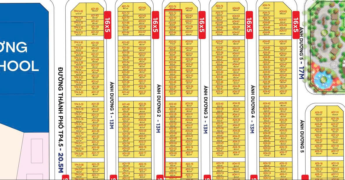 Bán biệt thự liền kề Cát Tường diện tích 63m2/MT: 4.5m đường Ánh Dương 2 Tây Nam Vinhomes Cổ Loa 1