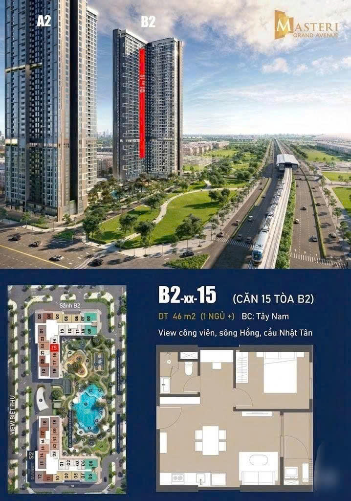 Bán căn hộ 1PN+1 diện tích 45.9m2 ban công Tây Nam view Cầu Nhật Tân Masterise Vinhomes Global Gate Cổ Loa