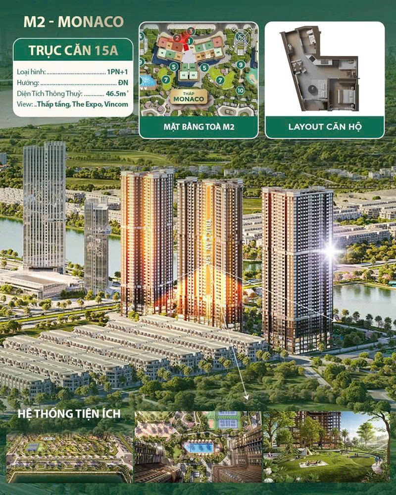 Bán căn hộ 1PN+1 tòa M2 Monaco diện tích 46.9m2 ban công Đông Nam view biệt thự The Cosmopolitan Vin Cổ Loa